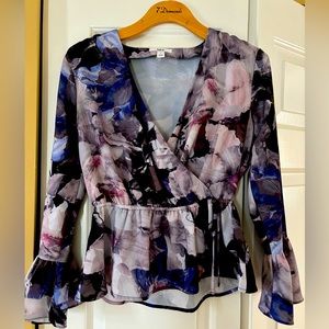 Long sleeve top, purple flower print, size small